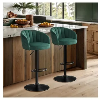 STOOLINK Barhocker Höhenverstellbar 2er Set, aus Milch-samtstoff, Grün | Hoch Barstuhl Höhe 64 cm-85 cm, mit Lehne und Armlehne, mit Fußstütze, Drehbar, 150kg belastbar für Bistro, Café, Küche