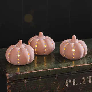 Lights4fun 3er Set LED Kürbis Terracotta Batteriebetrieb Timer Halloween Deko Herbst Dekoration Halloween Kürbis Innen