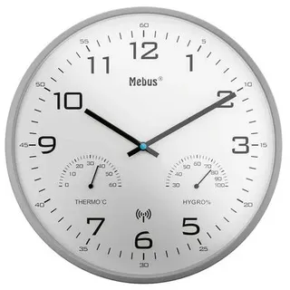 Mebus Funk-Wanduhr mit Thermometer/ Hygrometer, silber-grau
