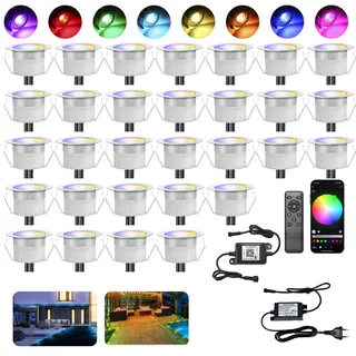 30er Terrasse Bodeneinbauleuchten außen RGBW(RGB + Warmweiß)-Ø31mm 0,6W led Einbaustrahler Aussen 12v mini led spot Terrassenbeleuchtung IP67 Wasserdicht Kompatibel mit Alexa Google Home
