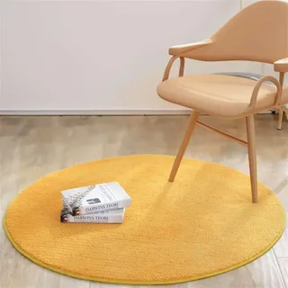Reyox Flauschiger Kurzflor Uni Teppich Rund, Anti-Rutsch Waschbar Bodenmatte für Wohnzimmer Schlafzimmer Esszimmer Kinderzimmer Gelb 130 cm
