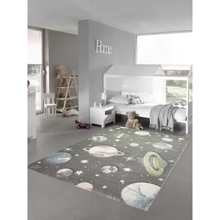 Kinderteppich Weltraum Lernteppich mit Sternen und Planeten in pastell grau