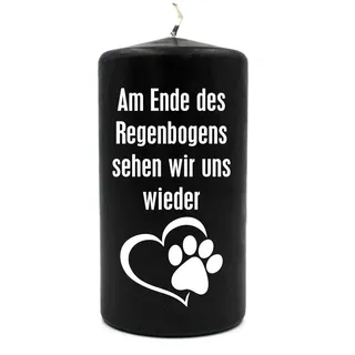 WB wohn trends Trauer-Kerze, Am Ende des Regenbogens... Hund Katze Tier-Pfote, schwarz weiß, 15cm d=8cm, Spruch-Kerze Gedenk-Kerze