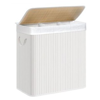 Songmics Wäschekorb LCB091W01, weiß, mit 3 Fächern, aus Bambus, faltbar, 60 x 61,5 x 40 cm, 150 Liter
