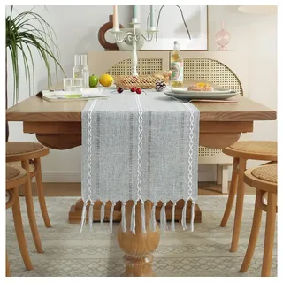 TUWENA Tischläufer Tischläufer,Landhausstil Tischdecke,Vintage Waschbar Tisch mit Fransen grau