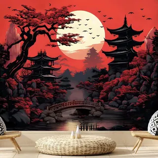 Atrippy Wandteppich mit Bergwald für Schlafzimmer, Schwarz und Weiß, Naturmondlandschaft, Wandbehang, Baum, Sonnenuntergang, dunkel, große Wandteppiche, ästhetische Kunstdekoration für Wohnzimmer,