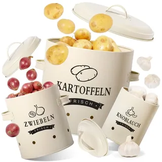 Theo Cleo Kartoffel Vorratsdosen Set, Kartoffeltopf im Retro Design Zwiebeltopf, Großer Vorratsbehälter aus Metall, Küche Aufbewahrung - Beige