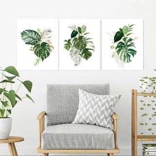 3er Premium Poster Set, Skandinavischer Stil Tropische Pflanzen Bananenblatt Wandbilder, Moderne Grüne Blätter Bilder Wanddeko für Wohnzimmer Schlafzimmer Deko, Ohne Rahmen (21x30cm)