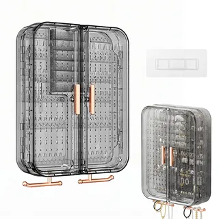 Ketten Aufbewahrung, Schmuck Organizer Kettenständer Transparent Grau PET, Wandmontierbare Schmuckbox mit Fächern für Ringe Ohrringe, Staubdicht Klebend Große Kapazität für Schlafzimmer Kommode