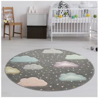 TeppichHome24 Kinderteppich Kinderteppich in grau blau rosa, Rund, Höhe: 1.3 mm blau|grau|lila|rosa Rund | 120 cm x 120 cm x 1.3 mm