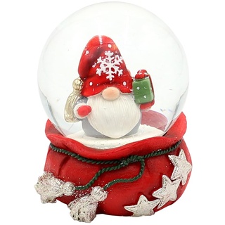 Schneekugel Weihnachtswichtel mit Geschenk auf rotem Sockel mit Sternen, L/B/H/Ø Kugel 6,8 x 6,8 x 9 cm Ø 6,5 cm