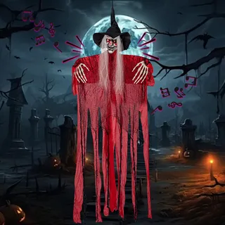 Vartegas Hexe Halloween Deko Outdoor Animiert, 170cm Halloween Deko Garten Figuren Lebensgroß Animiert, mit Sound & LED-Blitz Augen, Gruselig Hängende Halloweendeko Hexe, für Outdoor Party Kostüm