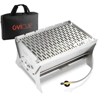 ovicue Grill klein M | Mobiler Steck-Gasgrill – Tragbarer Edelstahlgrill mit Stecksystem – Gas- & Holzkohlebetrieb – Inkl. Tragetasche – Perfekt für Camping, Balkon, Garten & Outdoor