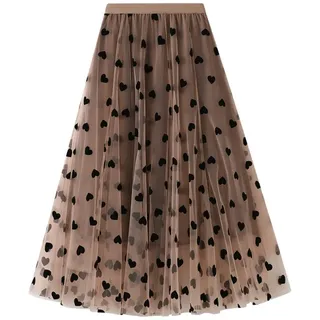 RWGSNB Damen-Falten-Tüllrock, Retro-Herz-Flock-Jacquard-Midirock, Khaki, Süßer A-Linie-Mesh-Gaze-Rock, Elastisch, Hohe Taille, Lange Swing-Röcke Für Damen Und Mädchen