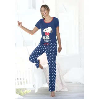 Pyjama PEANUTS, Damen, Gr. 40/42, blau (blau, gepunktet), Single Jersey, Obermaterial: 100% Baumwolle, bedruckt, gepunktet, Basic, bequem lang, Rundhals, eingesetzt, Homewear-Sets Pyjama, mit Snoopy-Druck und Pünktchen-Hose