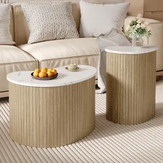 BTM Moderner Couchtisch Marmor Optik, Holzmaserung, Beistelltisch im Skandinavischen Stil, Kleiner Couchtisch Wohnzimmer Tisch für Couch