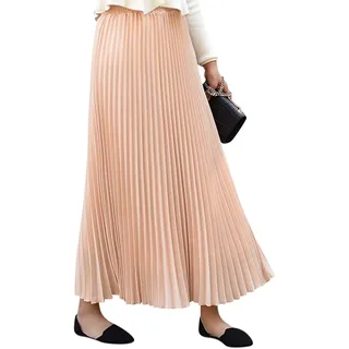 Camilife Damen Mädchen Plisseerock in Maxilänge Plissee-Maxirock Elastische Chiffon Langer Faltenrock Elastischer Bund für Frühling Sommer Herbst - 90cm Einfarbig Beige - 34-40