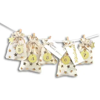 Frau WUNDERVoll® DIY Adventskalender Schneeflöckchen Baumwollbeutel creme, gold 2023