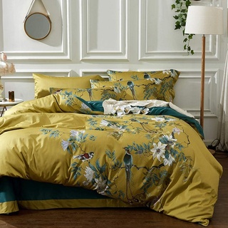AShanlan Bettwäsche 220x240 Gold Grün Blumen Vögel Muster Bettbezug Microfaser Floral Deckenbezug Wendebettwäsche Set mit Reißverschluss und 2 x Kissenbezug 80x80 cm