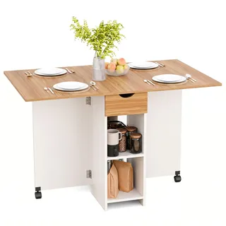 Mondeer 120cm Esstisch Klappbar,Küchentisch mit Rollen für 2-4 Personen | Platzsparender Klappbarer Klapptisch mit Schublade und Ablagen für kleine Räume,Esszimmer,Küche,Weiß und Roteiche