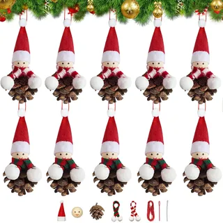 DONQL DIY Weihnachtswichtel Anhänger Tannenzapfen, 10er Set Wichtel Basteln mit Tannenzapfen, Bastelset Erwachsene für Baumschmuck