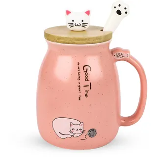 Katzen-Tasse Süße Keramik Kaffeetasse mit deckel,Neuheit Morgen Cup Tee Milch Weihnachten Becher Geschenk Teetasse mit Deckel und Sieb Geschenke für Frauen380ML (Rosa)