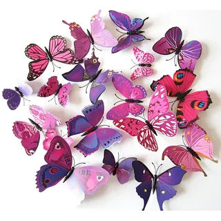 3D Schmetterlinge Blumen 12er Set Dekoration Wandtattoo (Alive (pink-lila))
