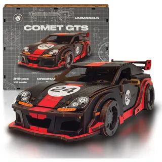 UNIDRAGON Original 3D Holzpuzzle - 219 Teile, UniModels Comet GTS Schwarz-Rot, 26.8 x 13.3 x 7.8 cm, Geschenke für Männer, Jungen, Modellbausatz Erwachsene