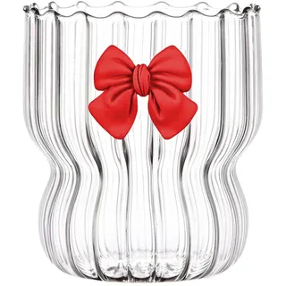 Gyrategirl Gerippte Glastassen mit Bowknot Vintage Gewellte Trinkgläser Wassergläser Geriffelte Glaswaren Cocktailglas Niedliche Glastassen Ripple Glaswaren Gerippte Trinktasse Kaffee Whiskey
