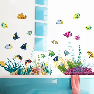 WandSticker4U®- Wandsticker UNTERWASSERWELT bunt I Wandbilder: 130x42 cm I Wandtattoo Badezimmer Fliesen Aufkleber Bad Fische Korallen See Maritim I Wand Deko für Kinder-zimmer Mädchen & Junge