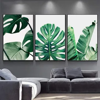 HTWLMM Grün Monstera Pflanzen Leinwand Kunstdruck Poster Grün Blätter Bilder für Wohnzimmer Wandbilder Deko Schlafzimmer Modern Rahmenlos (3X50X70CM)