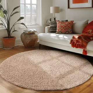 Runder Teppich Wohnzimmer Hochflor Einfarbiges Design Langflor Shaggy Modern Flauschig, Farbe: Beige, Größe: 200 cm Rund