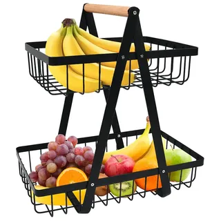 DODUOS 2 Stockig Obstkorb Etagere, Obstschale Etagere mit Holzgriff, Obst Etagere 2 Stöckig, Metall Schwarz Obstschalen mit Griff für Obst, Gemüse, Snacks zu Hause, Küche, Büro, mit Schraubendreher