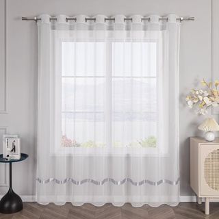 SCHOAL Uni Gardine mit Ösen Transparente Vorhang Weiß Stores Voile Gardine Schal Fensterschal Wohnzimmer Dekoschal mit Satinband 1 Stück BxH 300x120cm Grau