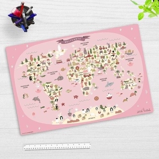 Cover-your-desk Schreibtischunterlage für Kinder Weltkarte in rosa mit Tieren in deutsch, aus hochwertigem Vinyl, 60 x 40 cm