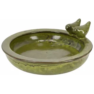 Vogeltränke aus Terracotta mit 2 Vögeln, grüne Dekoschale für Garten, Balkon und Terrasse, Vogelbad/Wasserschale im dekorativen Design, 28,9 x 26,9 x 10,8 cm