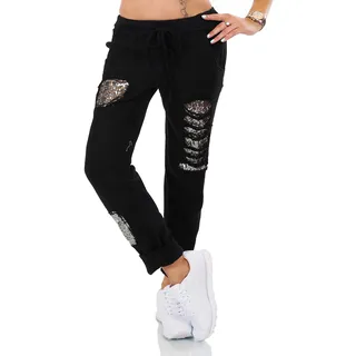 xy Damen Italien Hose Leinen Jogpants Mix Baggy Boyfriend Fetzen Pailletten 36-40 One Size - Einheitsgröße