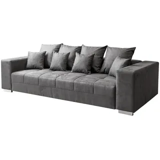 Massivart® Big-Sofa Big-Sofa Vintage Stoff grau 254 cm / Nosagfederung / 4-Sitzer / BORNEO, Rücken echt / inklusive 4 Kissen grau