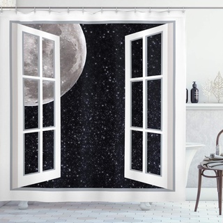 ABAKUHAUS Weltraum Duschvorhang, Fenster zum Weltraum, Stoffliches Gewebe Badezimmerdekorationsset mit Haken, 175 x 220 cm, Schwarz Weiß Grau