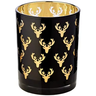 EDZARD Teelichtglas Ben, Hirsch Muster, außen schwarz, innen goldfarben, Windlicht, Kerzenglas (Höhe 13 cm)