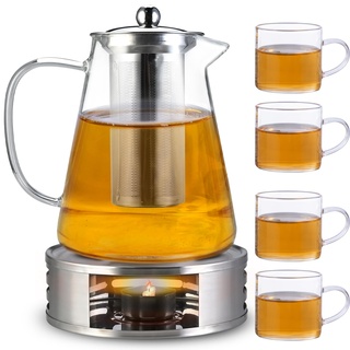 Cieex Teekanne mit Siebeinsatz und Stövchen Set, Teekanne aus Glas, Teebereiter Borosilikatglas 1200ml + 4 * 120ml GlasTeetasse- Teewärmer - Hält lange Warm