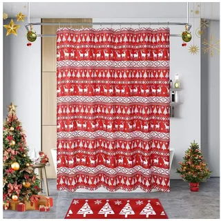 GarveeMore Duschvorhang Weihnachts,roter Xmas-Duschvorhang,Weißer Xmas-Kiefern Breite 183 cm, moderner Happy New Year-Winter-Stoff-Duschvorhang 183 cm x 183 cm