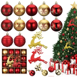 46skt Weihnachtskugeln Rot Gold, Bruchsichere Weihnachtsbaumkugeln Kunststoff, Christbaumschmuck mit Hängeseil Groß/Mini Weihnachts Kugeln, Süße Christbaumkugeln, Baumkugel für Weihnachtsbaum Deko