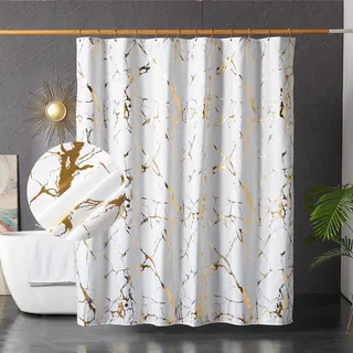 HYAWGE Weißer und Goldener Marmor-Duschvorhang für Badezimmer, Glitzer-Duschvorhang mit Haken, einzigartiger Folien-Golddruck, wasserdicht, waschbar, Stoff-Duschvorhang, Standard 183 x 183 cm