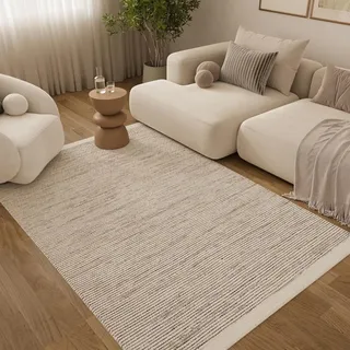 TAPISO Loni Wollteppich Handgewebt, Teppich Wohnzimmer, Wollwebteppich, Hand Made, Teppichboden Wolle, für Schlafzimmer Flur Esszimmer, Natur, Beige Creme 200 x 300 cm