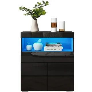 Hochglanz-Sideboard mit 2 Türen Schublade Regal und LED-Beleuchtung Schwarz | 16 Farbmodi & Dimmerfunktion, Aufbewahrungsschrank für Wohnzimmer, Esszimmer, 80x35x90cm