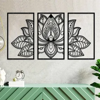 Großes Lotus-Blume Metall Wanddeko 3-teilig Schwarz 110x56cm