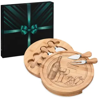 Maverton Käsebrett Servierplatte mit Gravur + 4er Käsemesser Set - aus Holz - Durchmesser: 25cm - Geschenke für Männer zum Geburtstag - immer köstlich