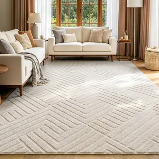 Enyhom Teppich Wohnzimmer 200x300 cm, 3D Optik Hoch-Tief-Effekt Teppich, Kurzflor Creme Weich Waschbar Pflegeleicht rutschfest Teppiche für Schlafzimmer, Kinderzimmer