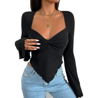 QKEPCY Damen Langarmshirt V Ausschnitt Oberteil Mit Twist Wrap Top Asymmetrischer Saum Slim Fit Langarm Crop Top mit Glockenärmeln Trendy Casual Longshirt Bluse Streetwear - XL